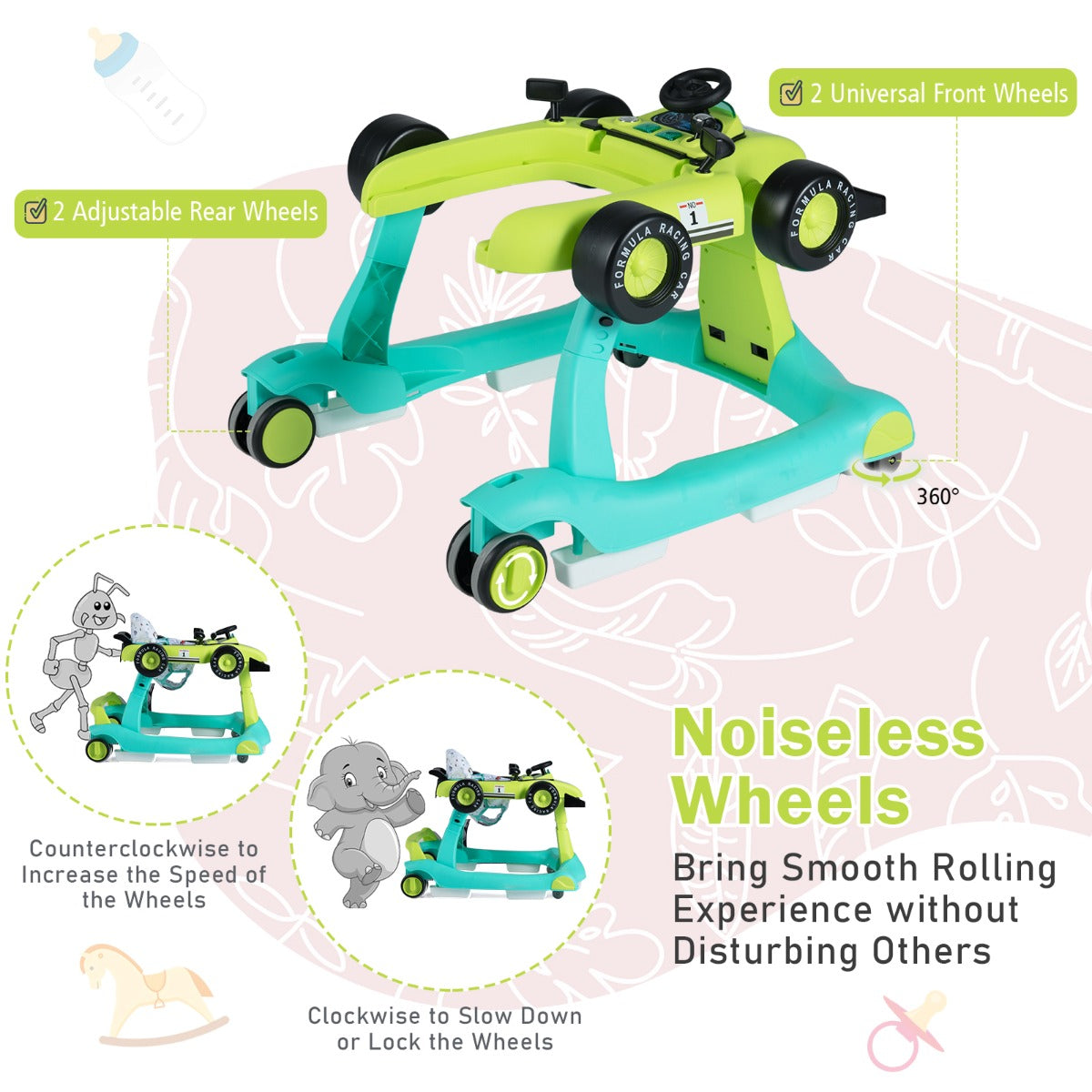 LIVSK Loopwagen - 3-in-1 Multifunctioneel - Hoogte Verstelbaar - Geruisloze Wielen - Voor Baby's 6-18 maanden - Blauwgroen/Grijs