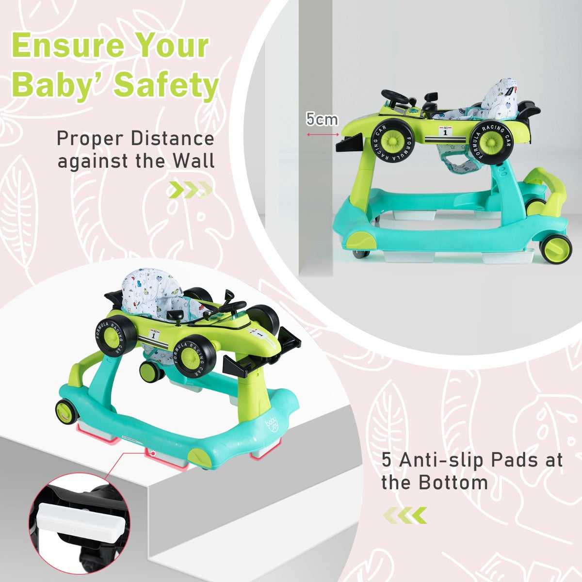 LIVSK Loopwagen - 3-in-1 Multifunctioneel - Hoogte Verstelbaar - Geruisloze Wielen - Voor Baby's 6-18 maanden - Blauwgroen/Grijs