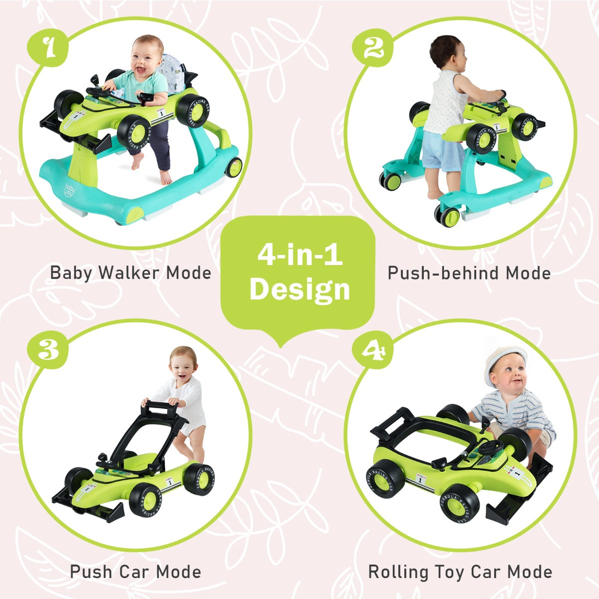LIVSK Loopwagen - 3-in-1 Multifunctioneel - Hoogte Verstelbaar - Geruisloze Wielen - Voor Baby's 6-18 maanden - Blauwgroen/Grijs