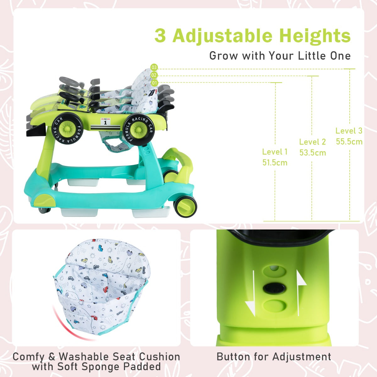 LIVSK Loopwagen - 3-in-1 Multifunctioneel - Hoogte Verstelbaar - Geruisloze Wielen - Voor Baby's 6-18 maanden - Blauwgroen/Grijs