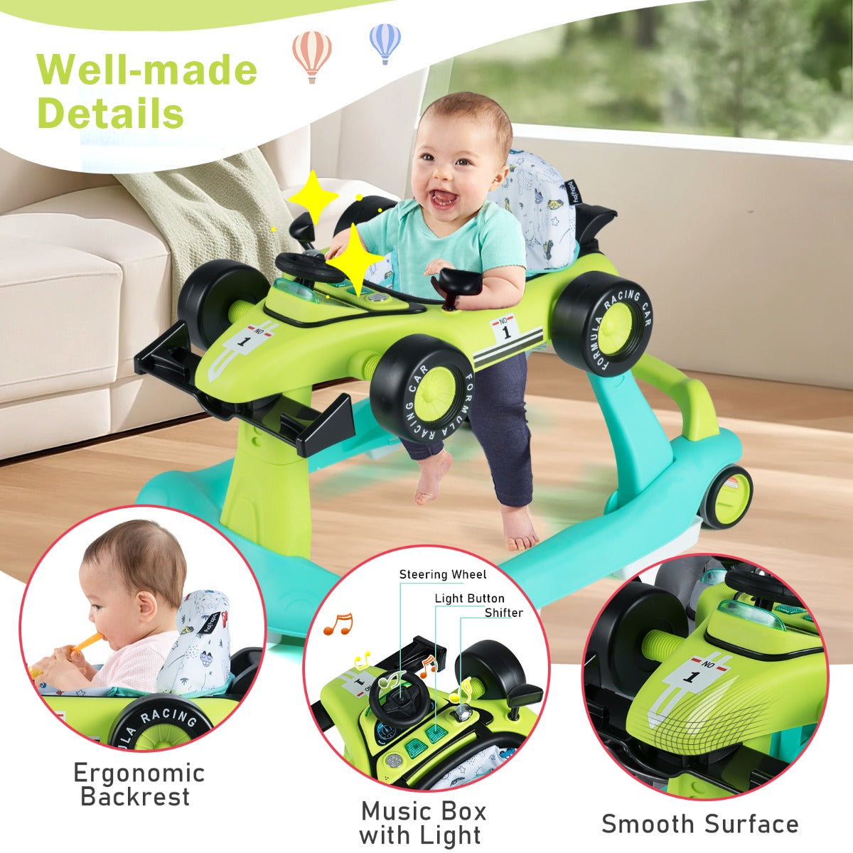 LIVSK Loopwagen - 3-in-1 Multifunctioneel - Hoogte Verstelbaar - Geruisloze Wielen - Voor Baby's 6-18 maanden - Blauwgroen/Grijs