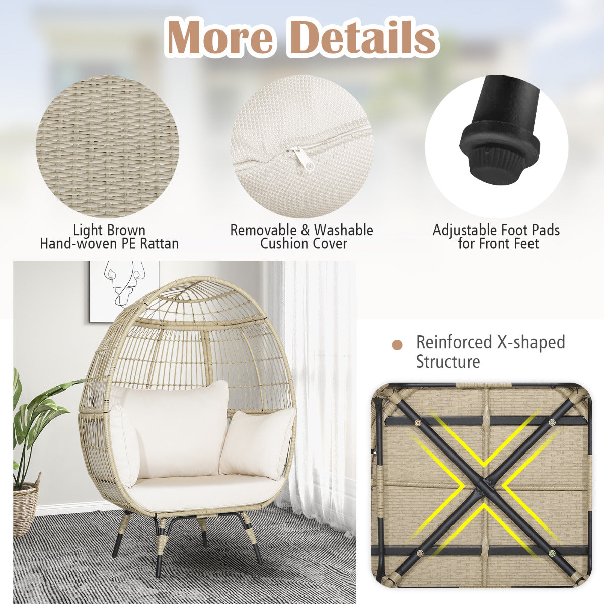 LIVSK Loungestoel - Ruime Zitervaring - 12 cm Dikke Kussens - Stevig Metaal en PE-Wicker - Lichtbruin en Gebroken Wit