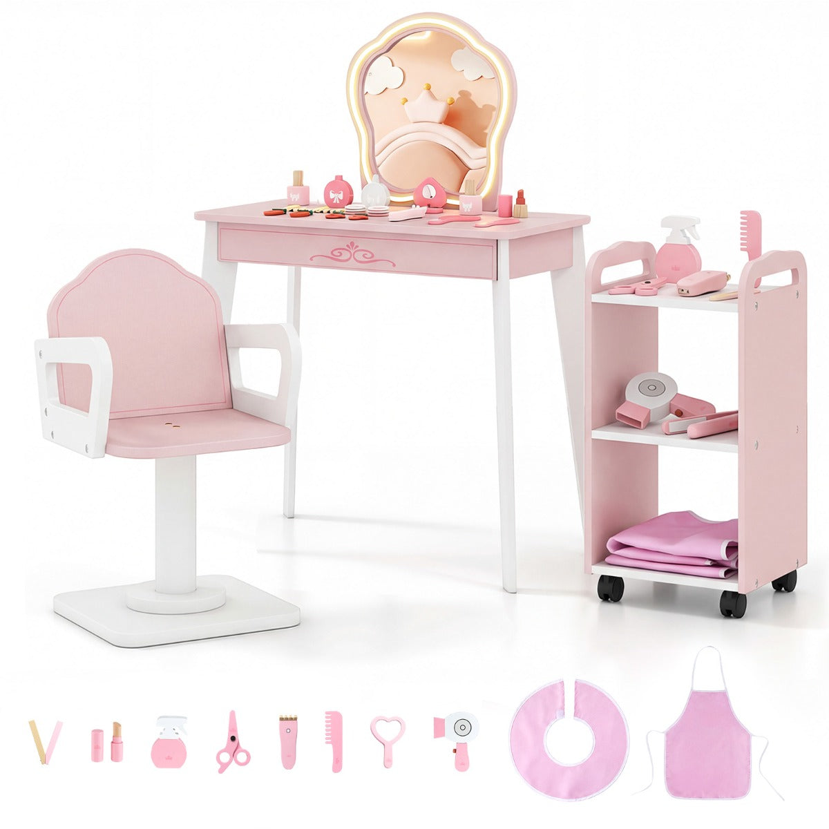 LIVSK Make-uptafelset voor Kinderen - Instelbare Verlichting - Verrijdbare Salonwagen - Draaistoel - Roze + Wit