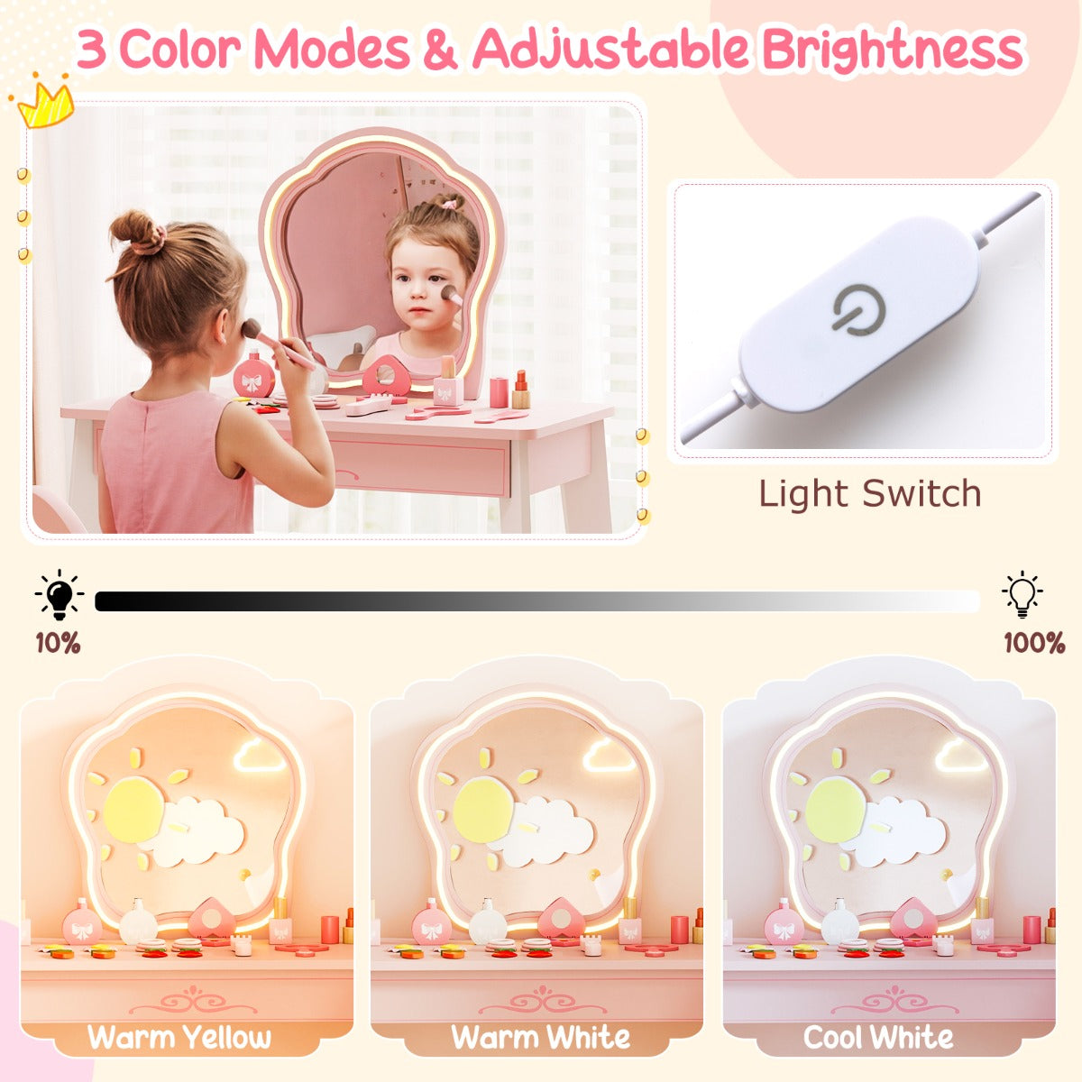 LIVSK Make-uptafelset voor Kinderen - Instelbare Verlichting - Verrijdbare Salonwagen - Draaistoel - Roze + Wit