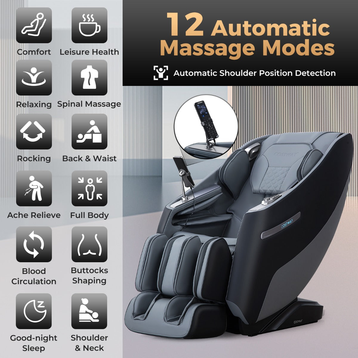 LIVSK Massagestoel - SL Track & Schouderdetectie - Zero-Gravity Ontwerp - Luchtmassage & Verwarming - Zwart