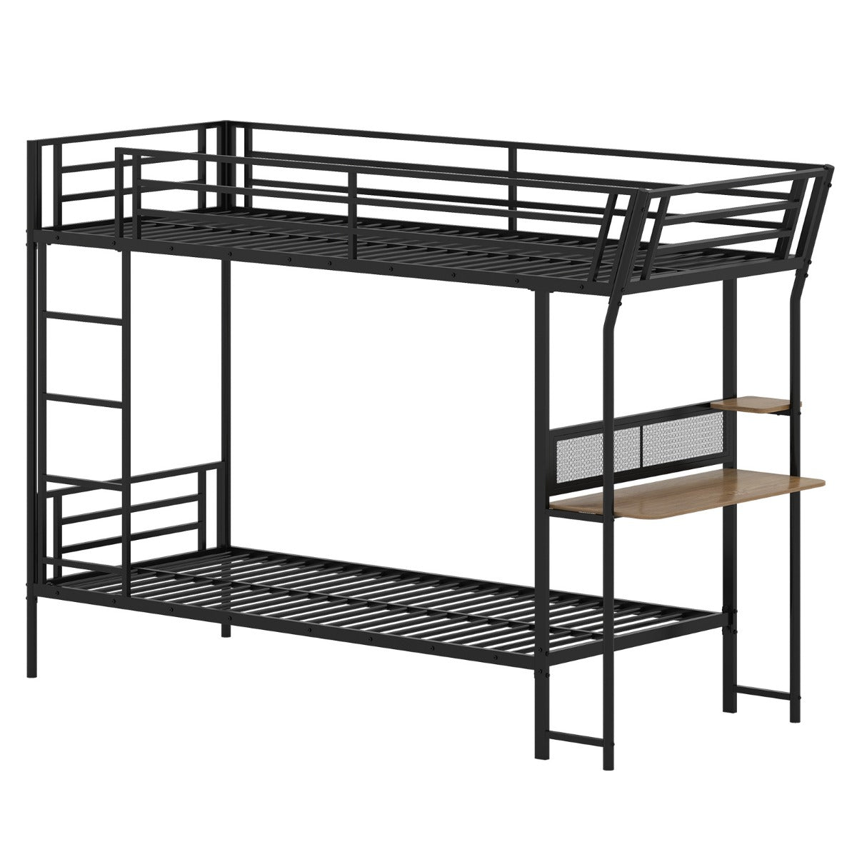 LIVSK Metalen Stapelbed met Bureau - Veiligheidshekken - Stevige Constructie - Onderste Opbergruimte - Zwart + Naturel