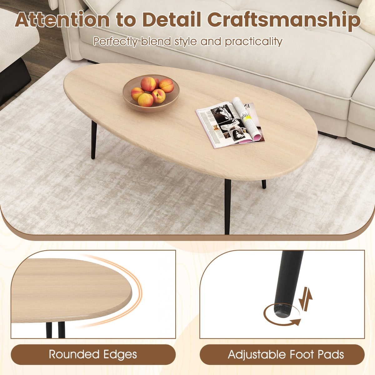 LIVSK Middeleeuwse Salontafel - Ovaal Tafelblad - Robuust Metaal - Eenvoudige Montage - 108x56x44 cm - Zwart/Grijs/Naturel