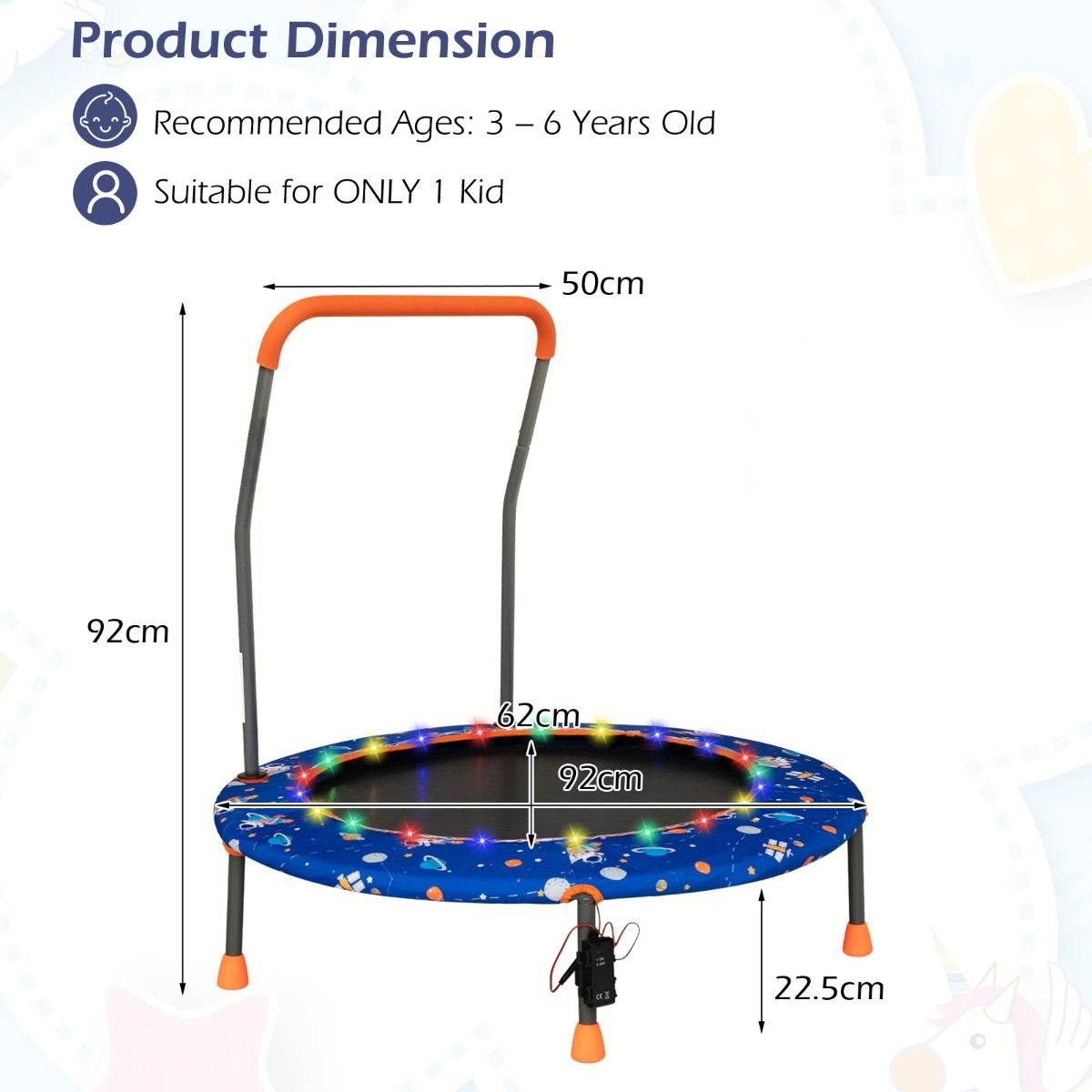 LIVSK Minitrampoline voor Peuters - Veiligheidshandgreep - 21 LED-lampjes - Antislip - Tot 25 kg - Donkerblauw