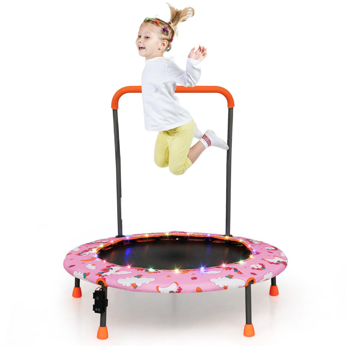 LIVSK Minitrampoline voor Peuters - Veiligheidshandgreep - 21 LED-lampjes - Antislip - Voor Kinderen 3-6 Jaar - Roze