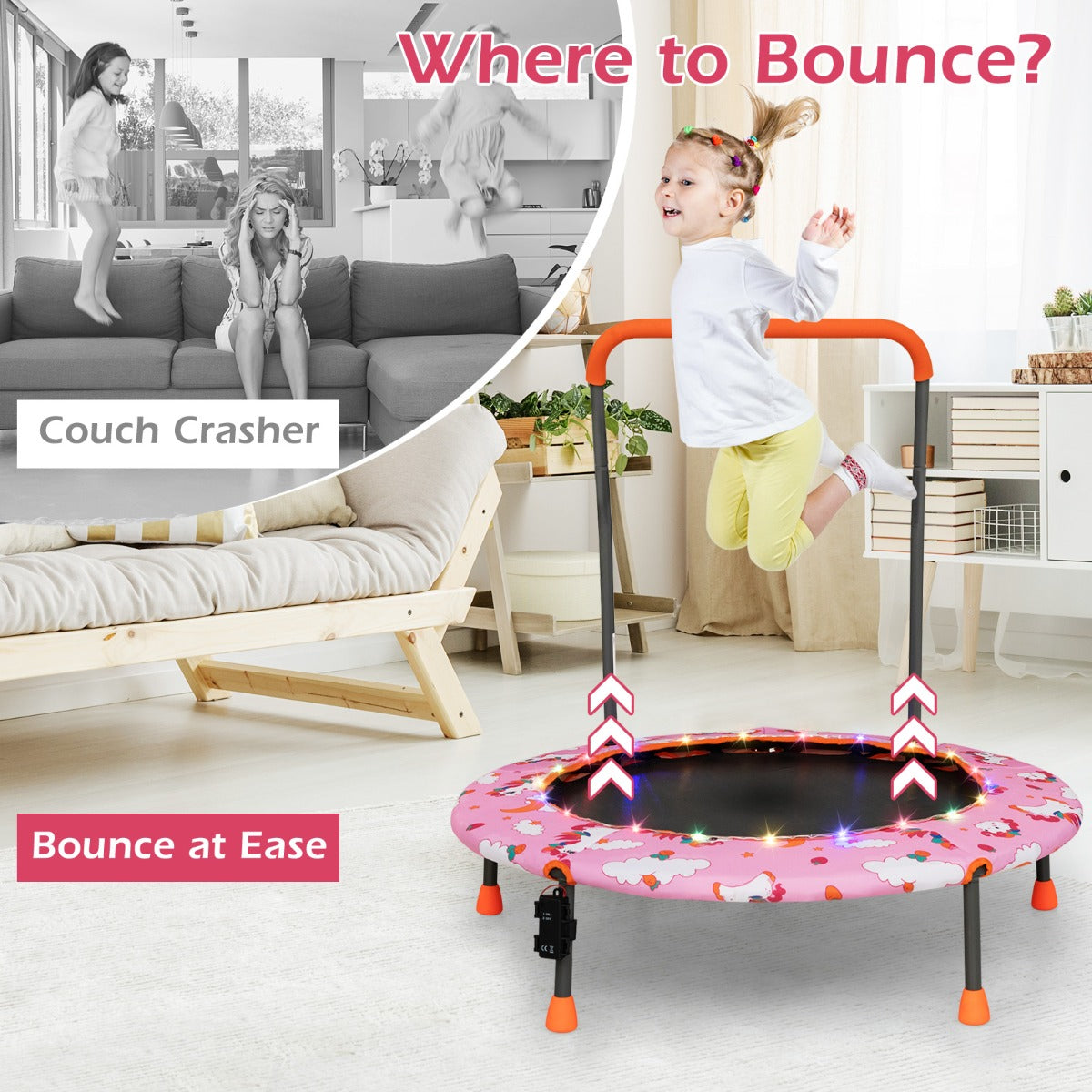 LIVSK Minitrampoline voor Peuters - Veiligheidshandgreep - 21 LED-lampjes - Antislip - Voor Kinderen 3-6 Jaar - Roze