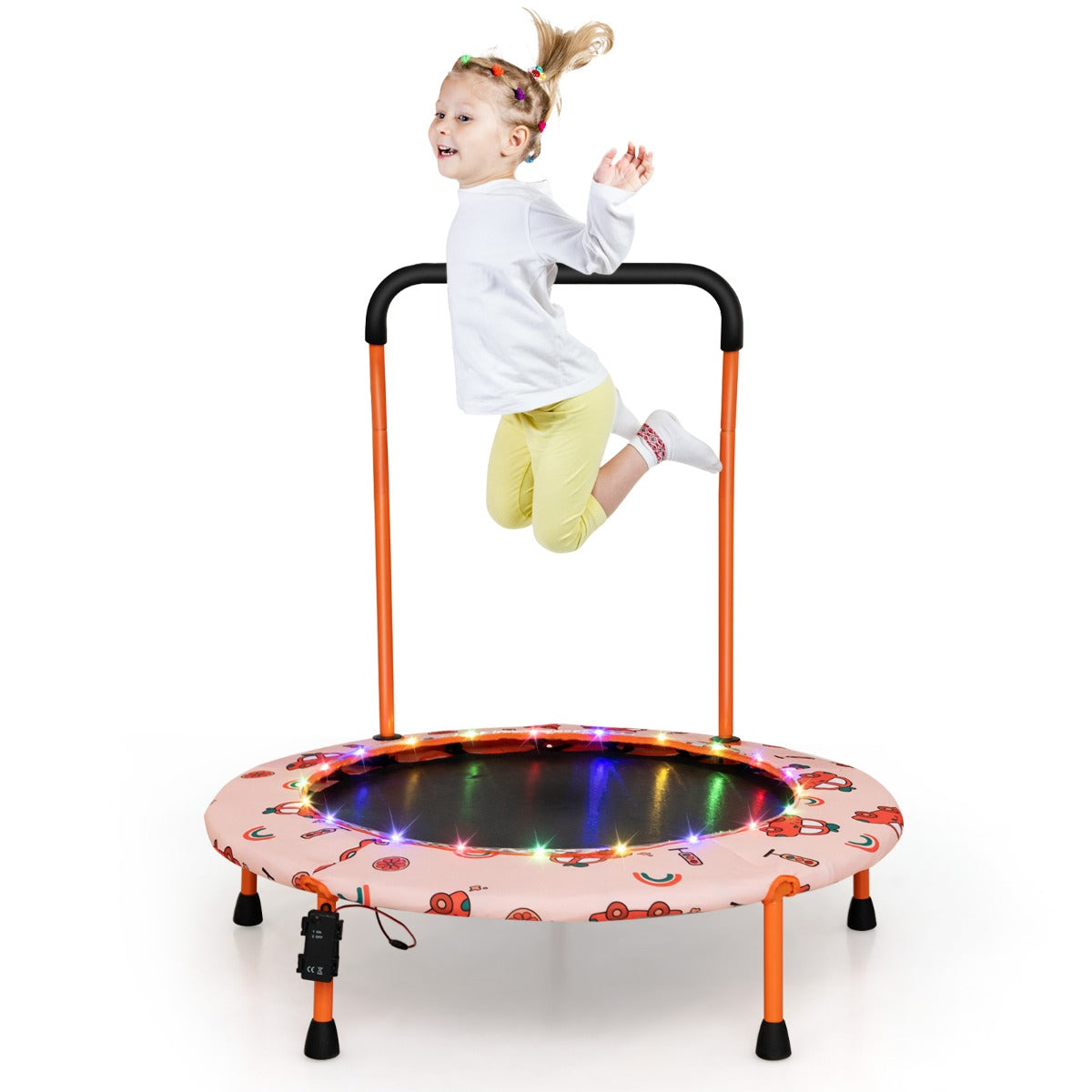 LIVSK Minitrampoline voor Peuters - Veiligheidshandvat - 21 LED-lampjes - Verbeteren van Balans en Motoriek - Tot 25 kg - Oranje