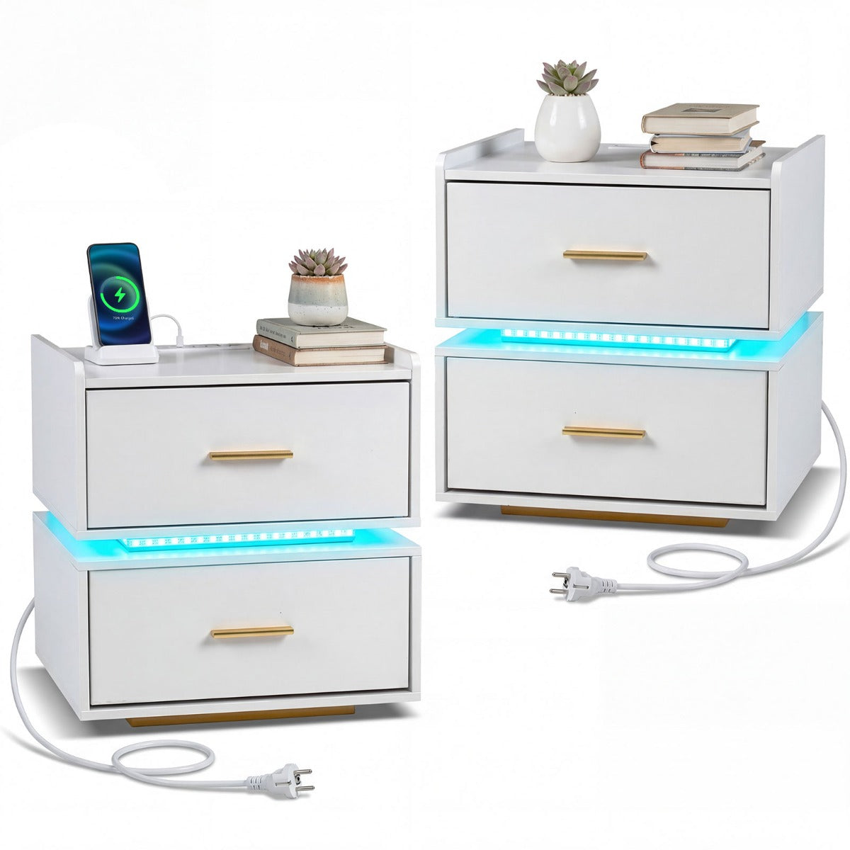 LIVSK Modern Nachtkastje met LED Verlichting - Geïntegreerd Oplaadstation - 2 Diepe Lades - Veilig Ontwerp - Zwart/Wit