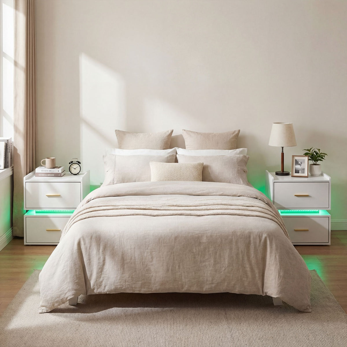 LIVSK Modern Nachtkastje met Oplaadstation - 16 Kleuren LED Verlichting - 2 Lades - Veilig Ontwerp - Zwart/Wit