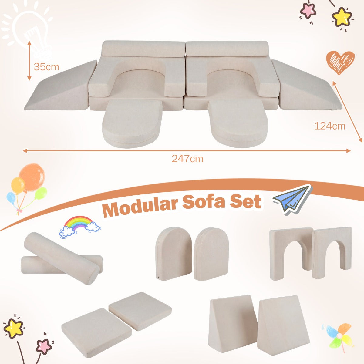 LIVSK Modulaire Kinderspeelbank - 10 Blokken - Zachte Suède Bekleding - Wasbare Hoezen - Veilig en Creatief Spelen -