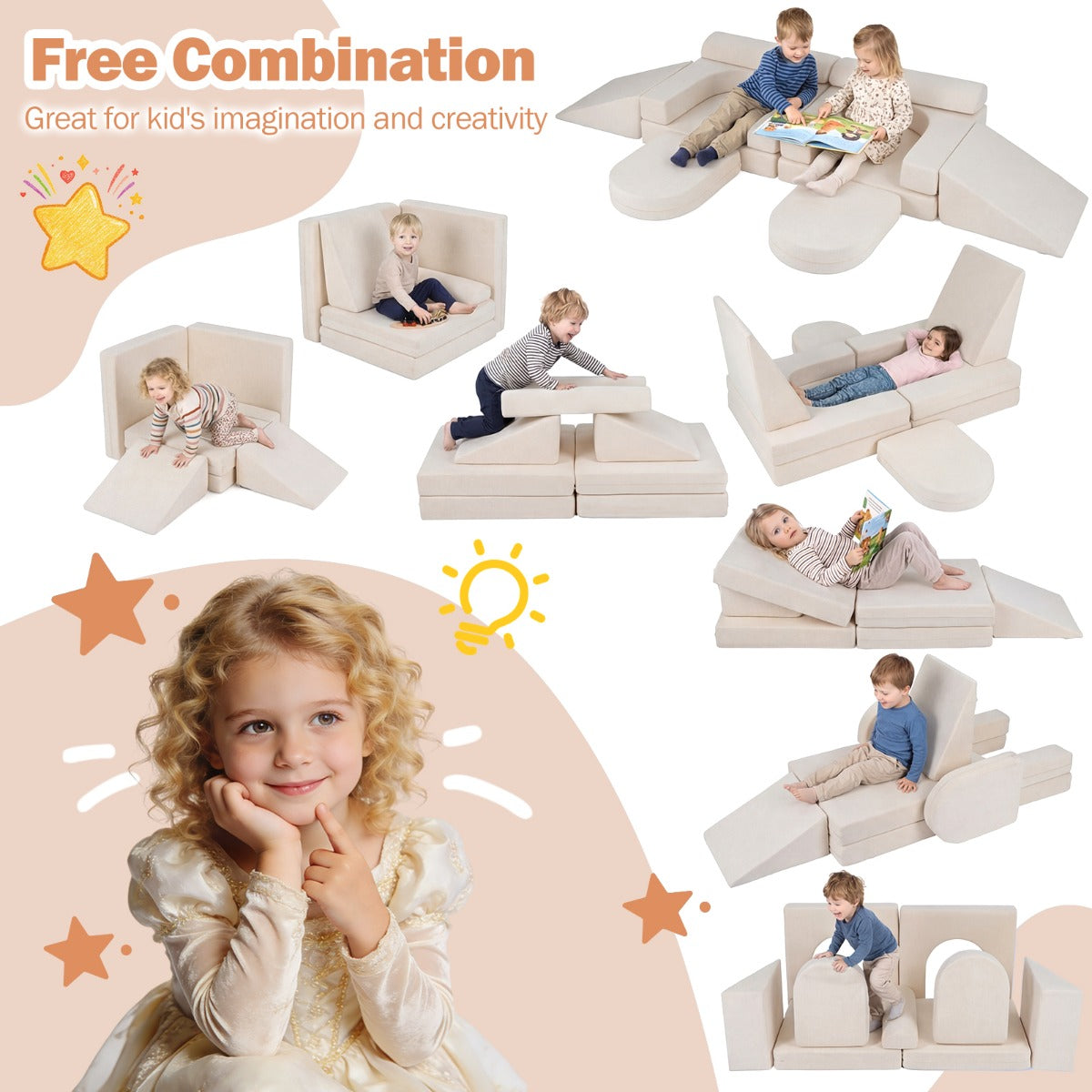 LIVSK Modulaire Kinderspeelbank - 10 Blokken - Zachte Suède Bekleding - Wasbare Hoezen - Veilig en Creatief Spelen -
