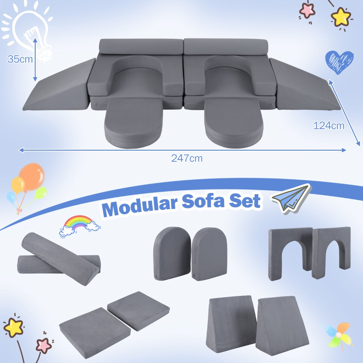 LIVSK Modulaire Kinderspeelbank - 10 Blokken - Zachte Suède Bekleding - Wasbare Hoezen - Veilig voor Kinderen 3+ -