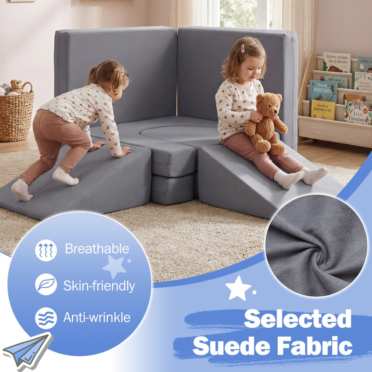 LIVSK Modulaire Kinderspeelbank - 10 Blokken - Zachte Suède Bekleding - Wasbare Hoezen - Veilig voor Kinderen 3+ -