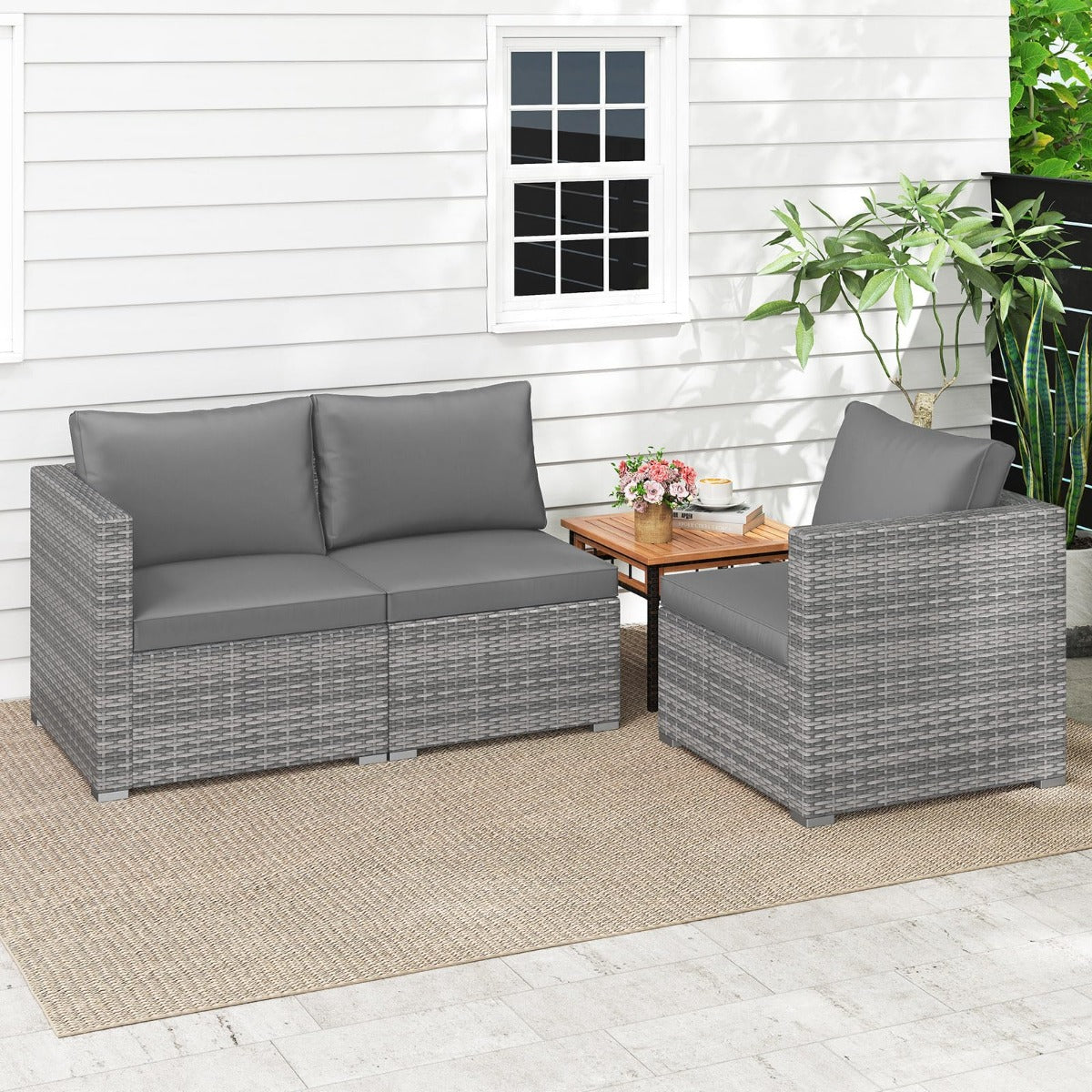 LIVSK Modulaire Terrasbankstel - Handgeweven PE-Rotan - Zachte Schuimkussens - Flexibele Configuratie - Gemêleerd Grijs