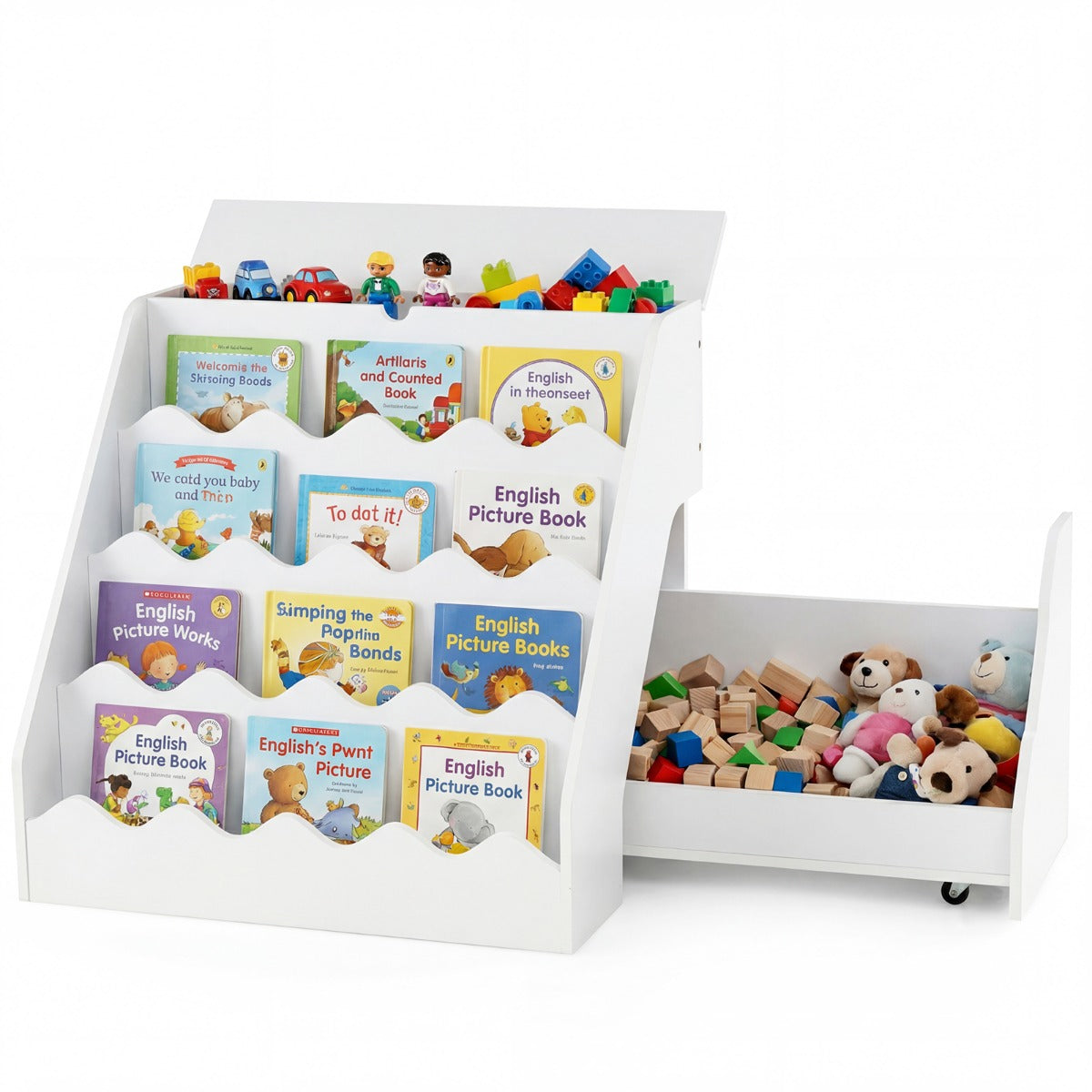 LIVSK Montessori Kinderkast - Opklapbaar Vak - 4 Planken - Uittrekbare Lade - Kindvriendelijke Hoogte - Naturel/Wit