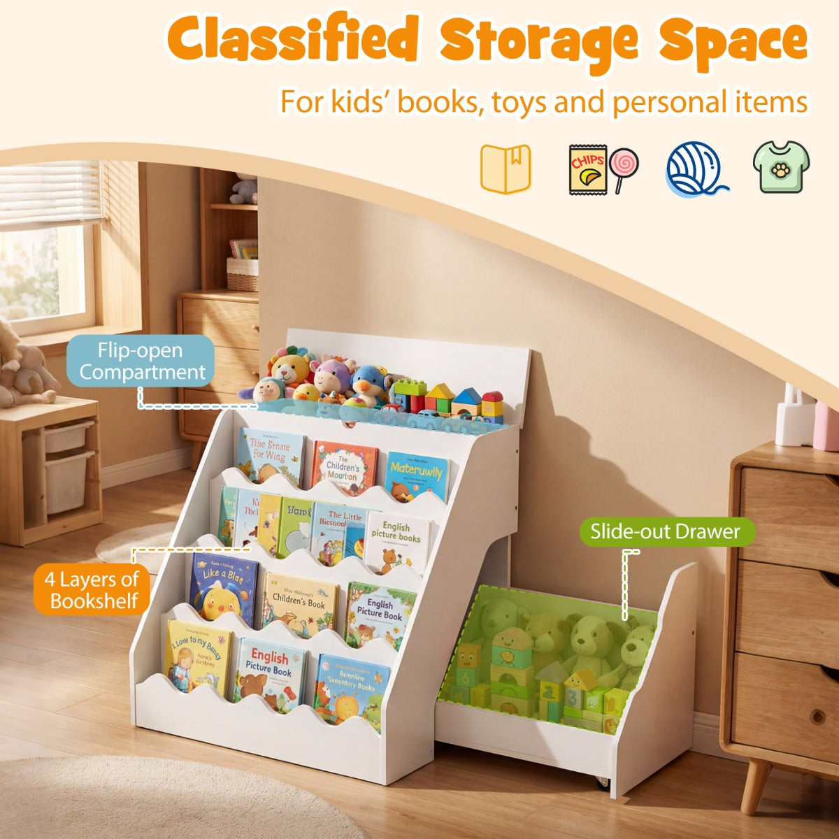 LIVSK Montessori Kinderkast - Opklapbaar Vak - 4 Planken - Uittrekbare Lade - Kindvriendelijke Hoogte - Naturel/Wit