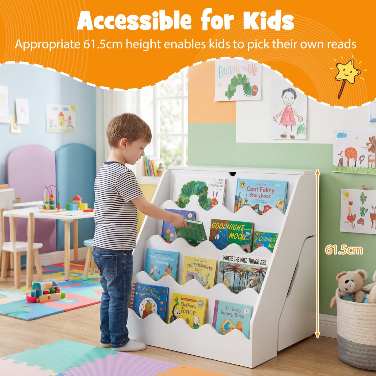 LIVSK Montessori Kinderkast - Opklapbaar Vak - 4 Planken - Uittrekbare Lade - Kindvriendelijke Hoogte - Naturel/Wit