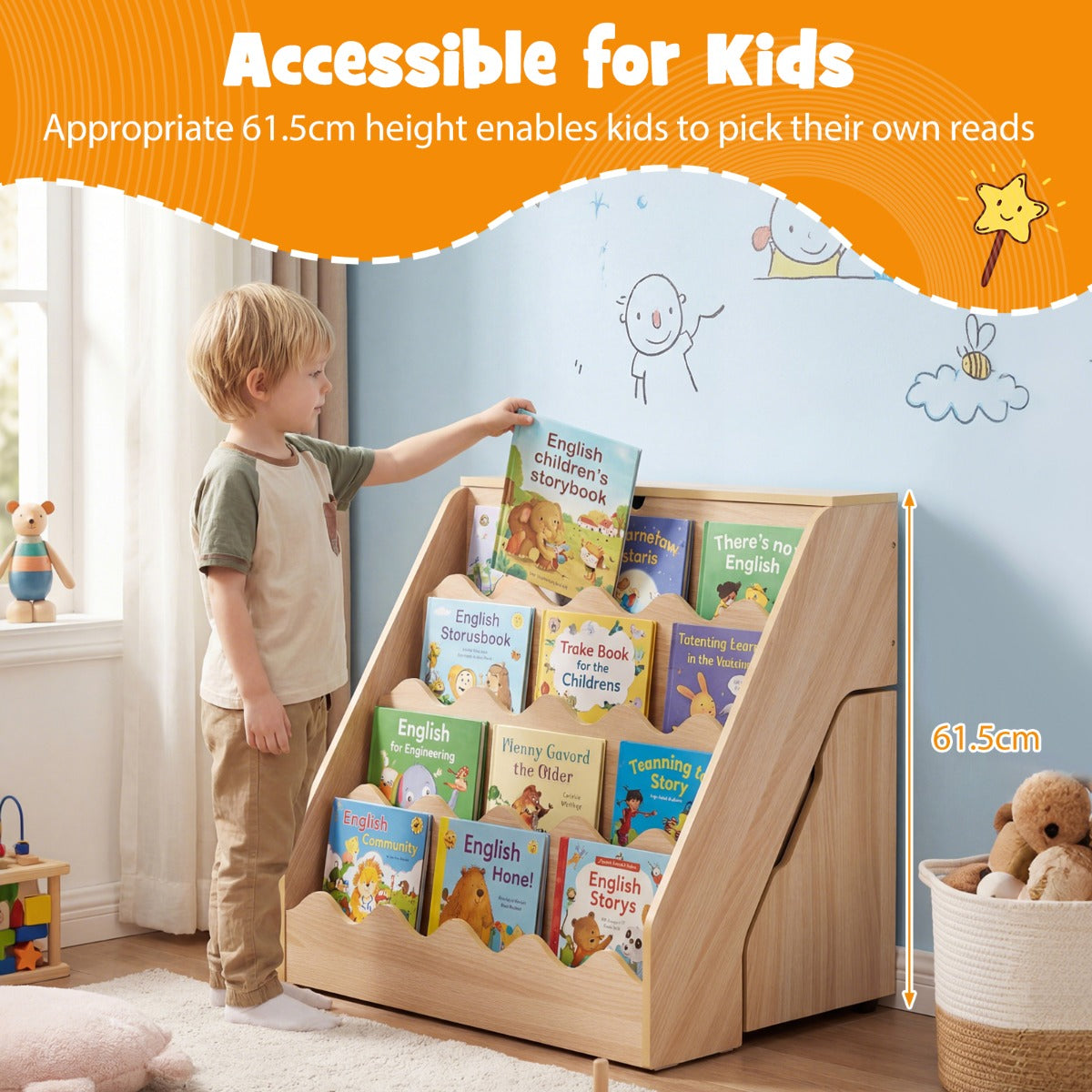 LIVSK Montessori Kinderkast - Opklapbaar Vak - Verrijdbaar - Kindvriendelijke Hoogte - Veilig MDF - Naturel/Wit