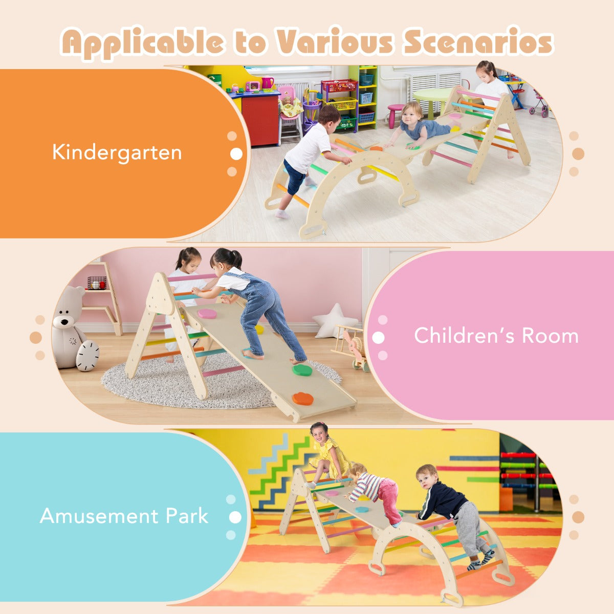 LIVSK Montessori-Klimset - Beukenhout - Klimdriehoek, Klimboog, Hellingbaan - Veilig en Duurzaam - Voor Peuters - Naturel