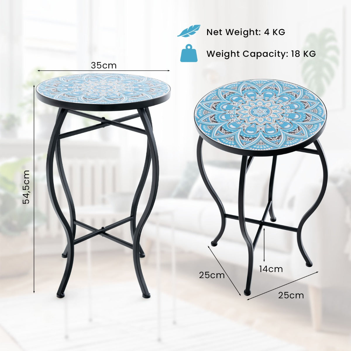 LIVSK Mozaïek Bijzettafel - Stevig Metaal - Multifunctioneel Ontwerp - Eenvoudig Te Monteren - 35 x 55 cm - Blauw en Zwart