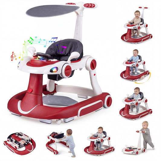 LIVSK Multifunctionele Babywalker - 7-in-1 Ontwerp - Verstelbare Hoogte en Snelheid - Interactief Speelplatform - Zwart+Rood
