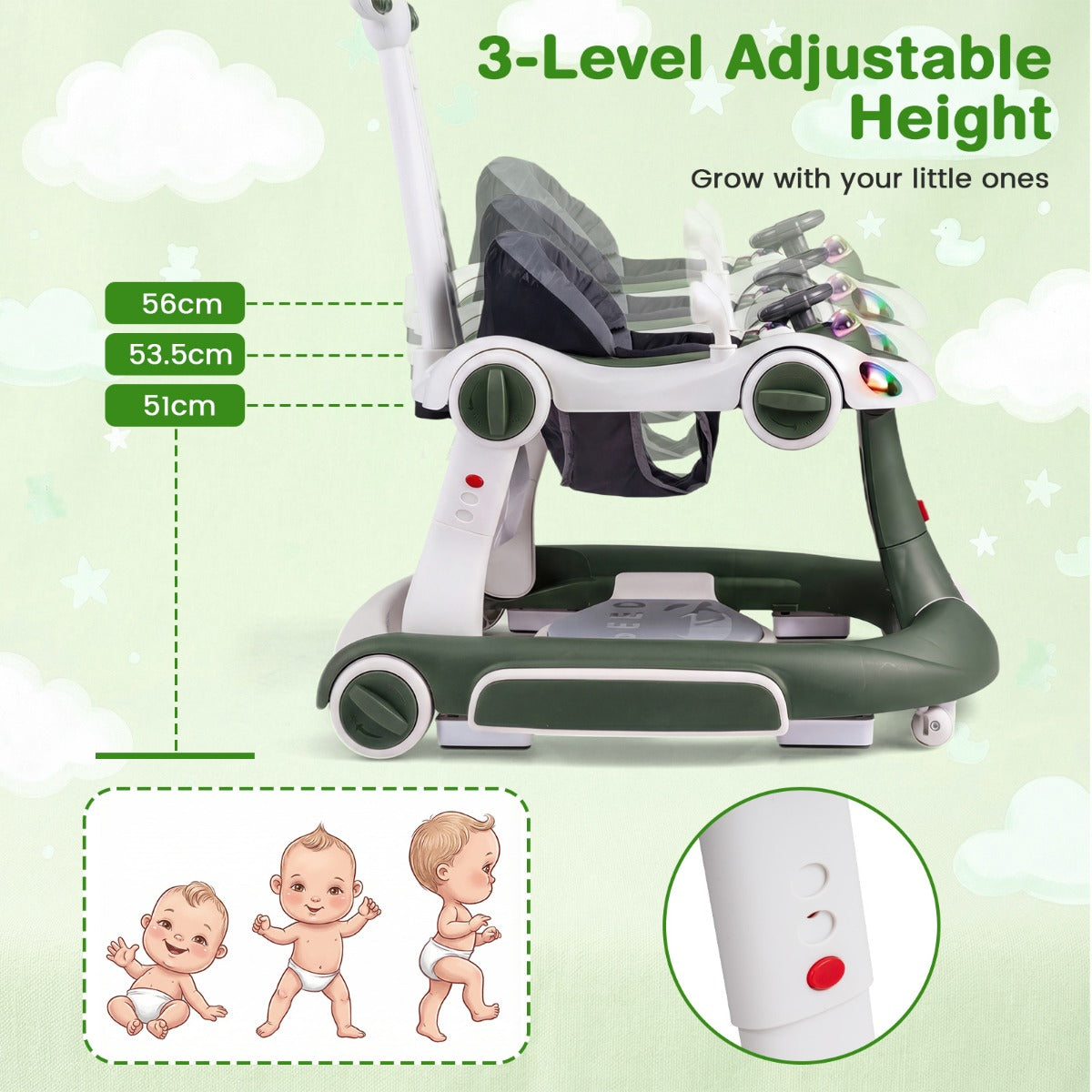 LIVSK Multifunctionele Babywalker - 7-in-1 Ontwerp - Verstelbare Hoogte en Snelheid - Veilig en Interactief - Zwart+Rood