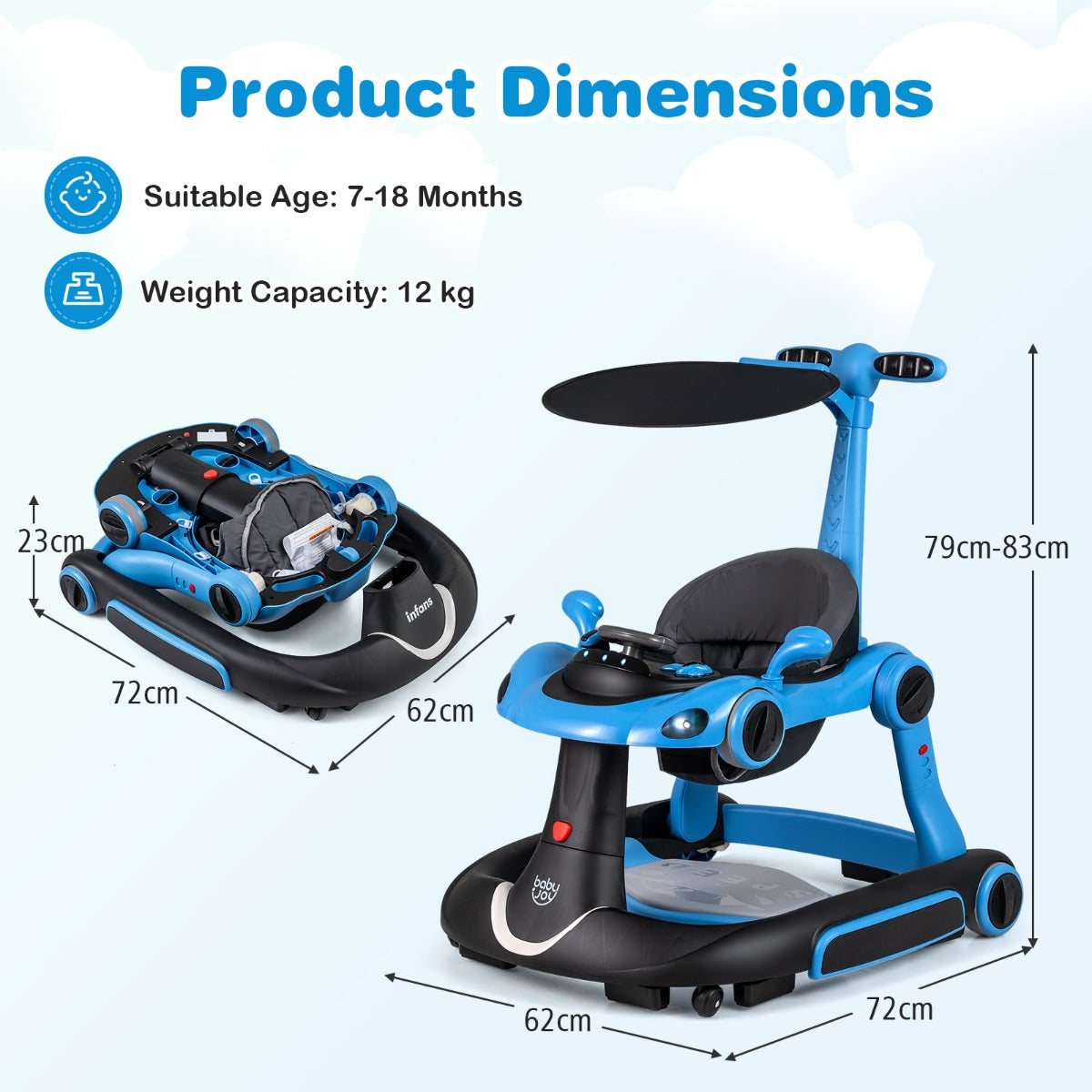 LIVSK Multifunctionele Babywalker - 7-in-1 Ontwerp - Verstelbare Hoogte en Snelheid - Veiligheidsfuncties - Zwart+Rood