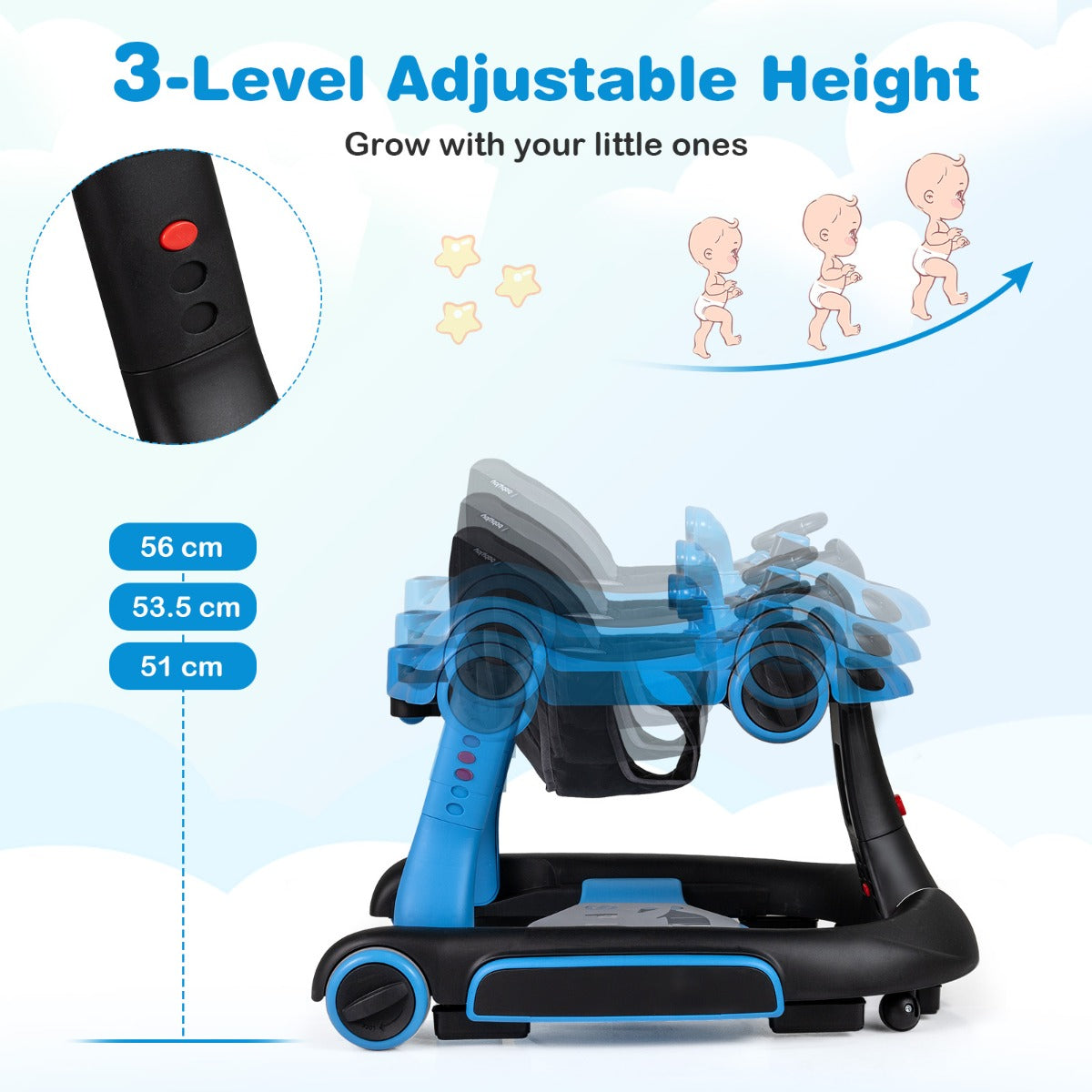 LIVSK Multifunctionele Babywalker - 7-in-1 Ontwerp - Verstelbare Hoogte en Snelheid - Veiligheidsfuncties - Zwart+Rood
