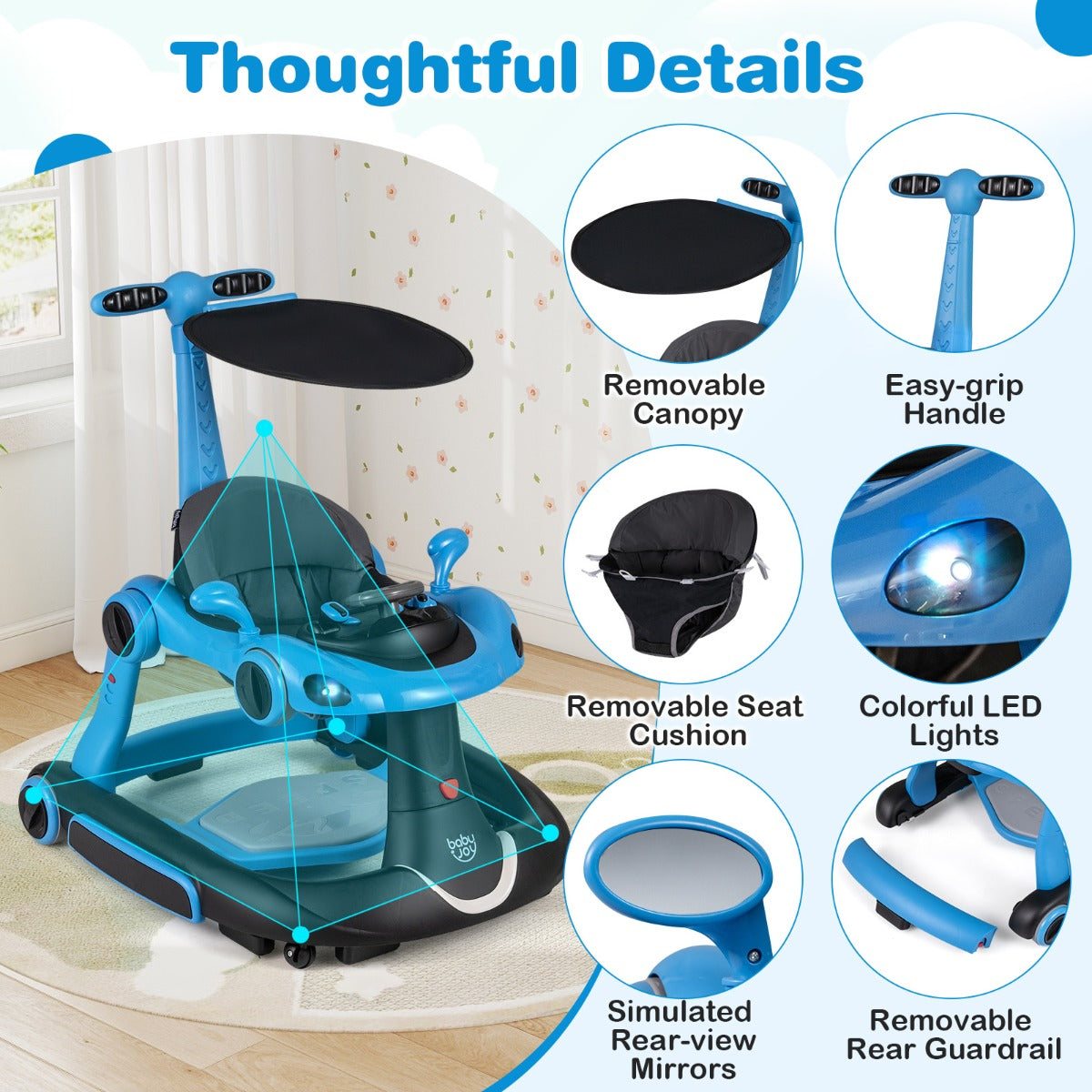 LIVSK Multifunctionele Babywalker - 7-in-1 Ontwerp - Verstelbare Hoogte en Snelheid - Veiligheidsfuncties - Zwart+Rood