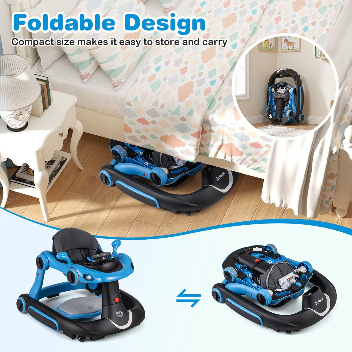 LIVSK Multifunctionele Babywalker - 7-in-1 Ontwerp - Verstelbare Hoogte en Snelheid - Veiligheidsfuncties - Zwart+Rood