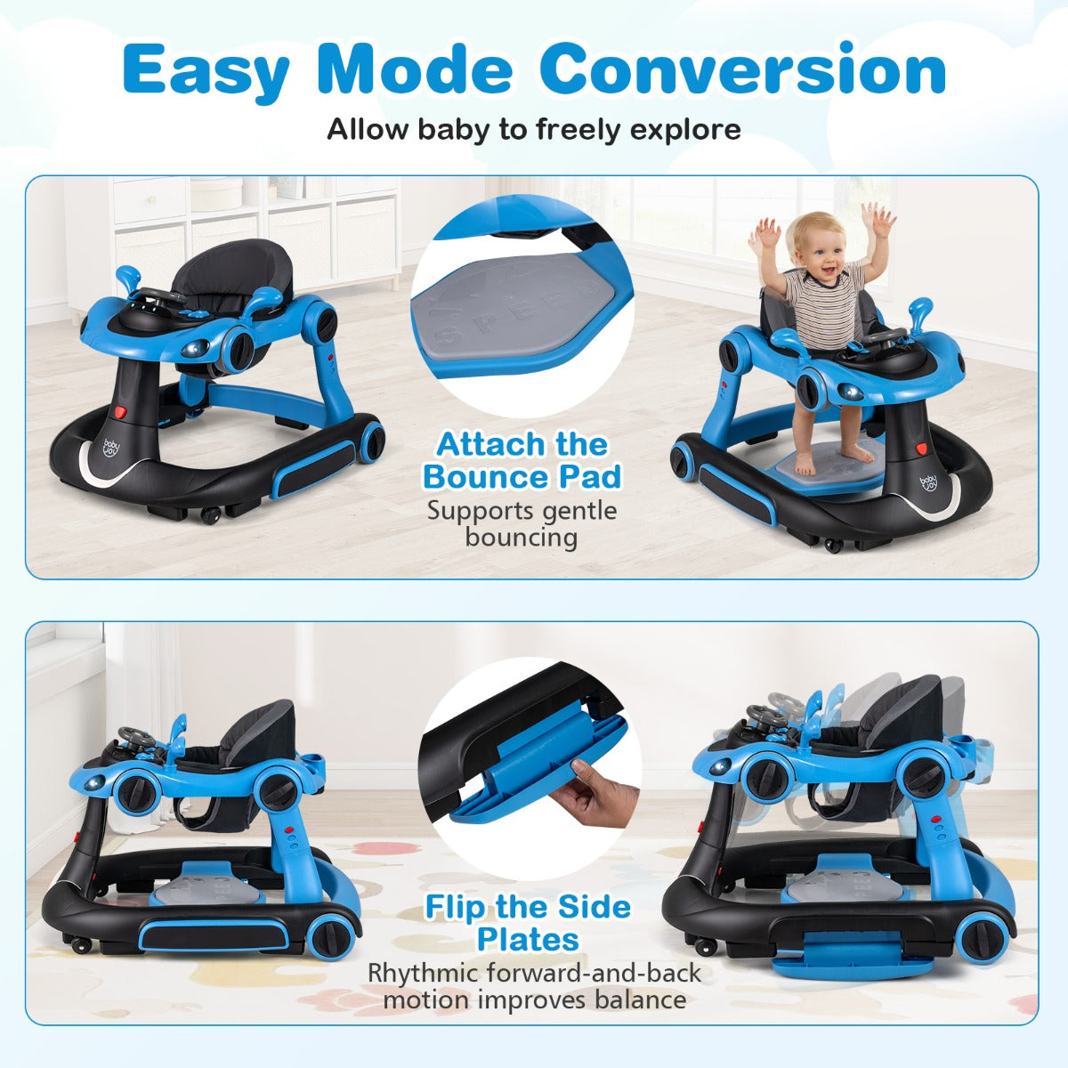 LIVSK Multifunctionele Babywalker - 7-in-1 Ontwerp - Verstelbare Hoogte en Snelheid - Veiligheidsfuncties - Zwart+Rood