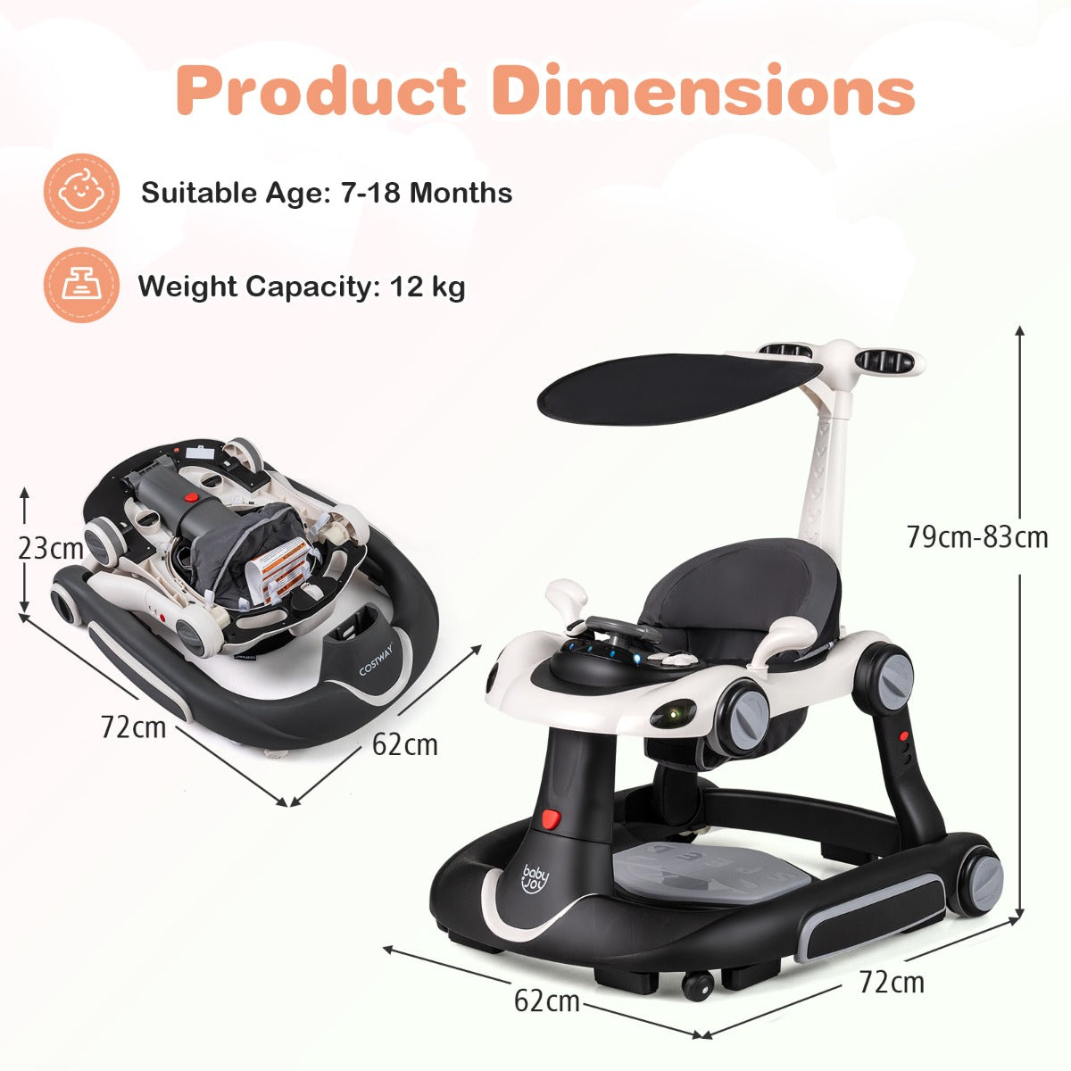 LIVSK Multifunctionele Babywalker - 7-in-1 Ontwerp - Verstelbare Hoogte - Interactief Speelplatform - Zwart en Rood