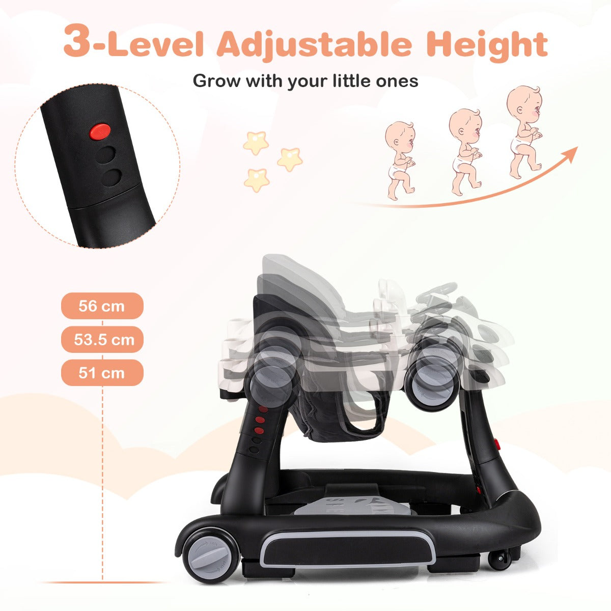 LIVSK Multifunctionele Babywalker - 7-in-1 Ontwerp - Verstelbare Hoogte - Interactief Speelplatform - Zwart en Rood