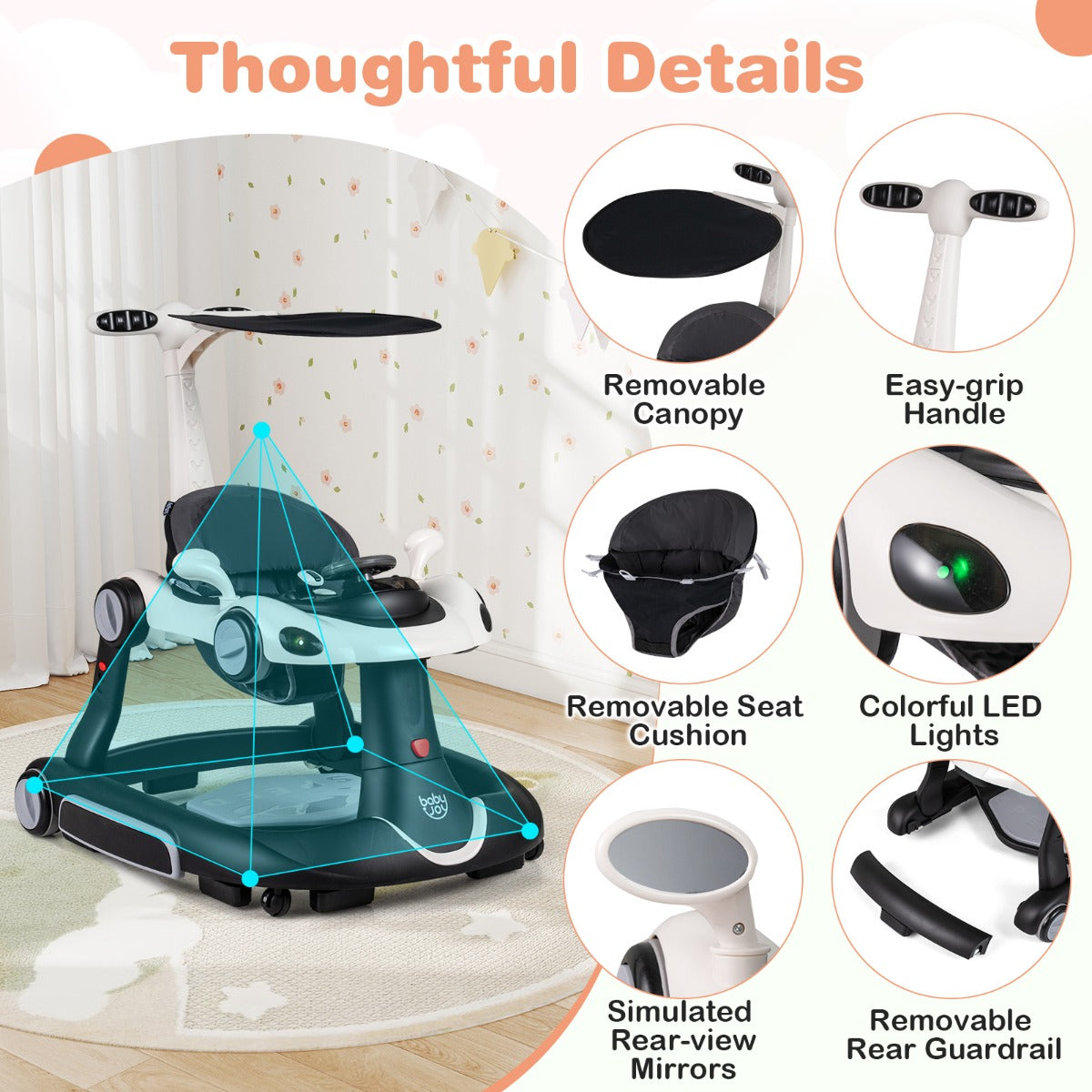 LIVSK Multifunctionele Babywalker - 7-in-1 Ontwerp - Verstelbare Hoogte - Interactief Speelplatform - Zwart en Rood