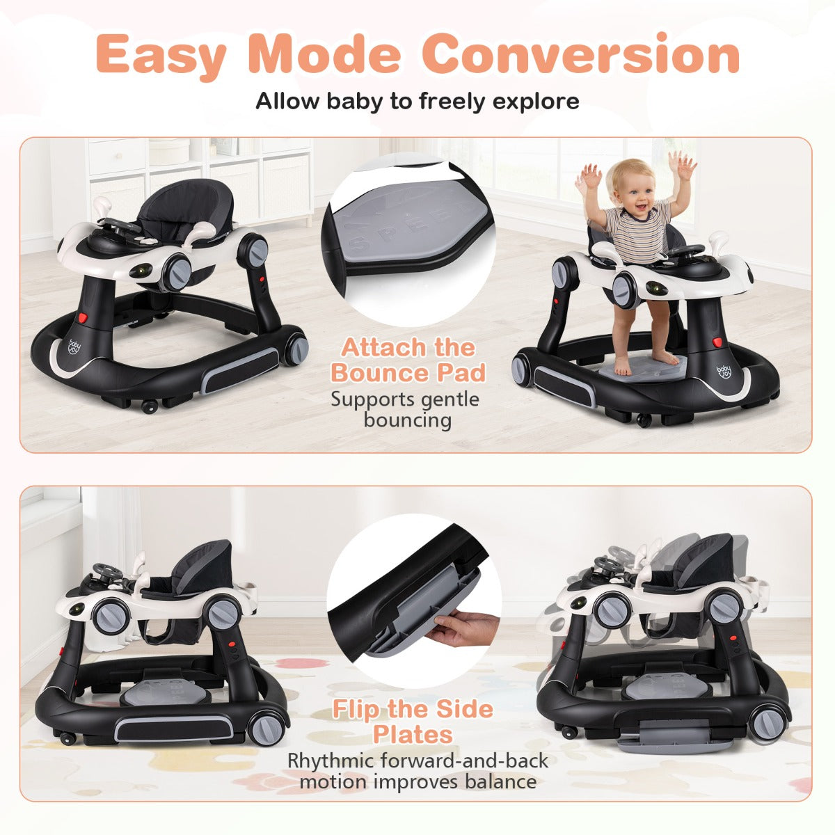 LIVSK Multifunctionele Babywalker - 7-in-1 Ontwerp - Verstelbare Hoogte - Interactief Speelplatform - Zwart en Rood