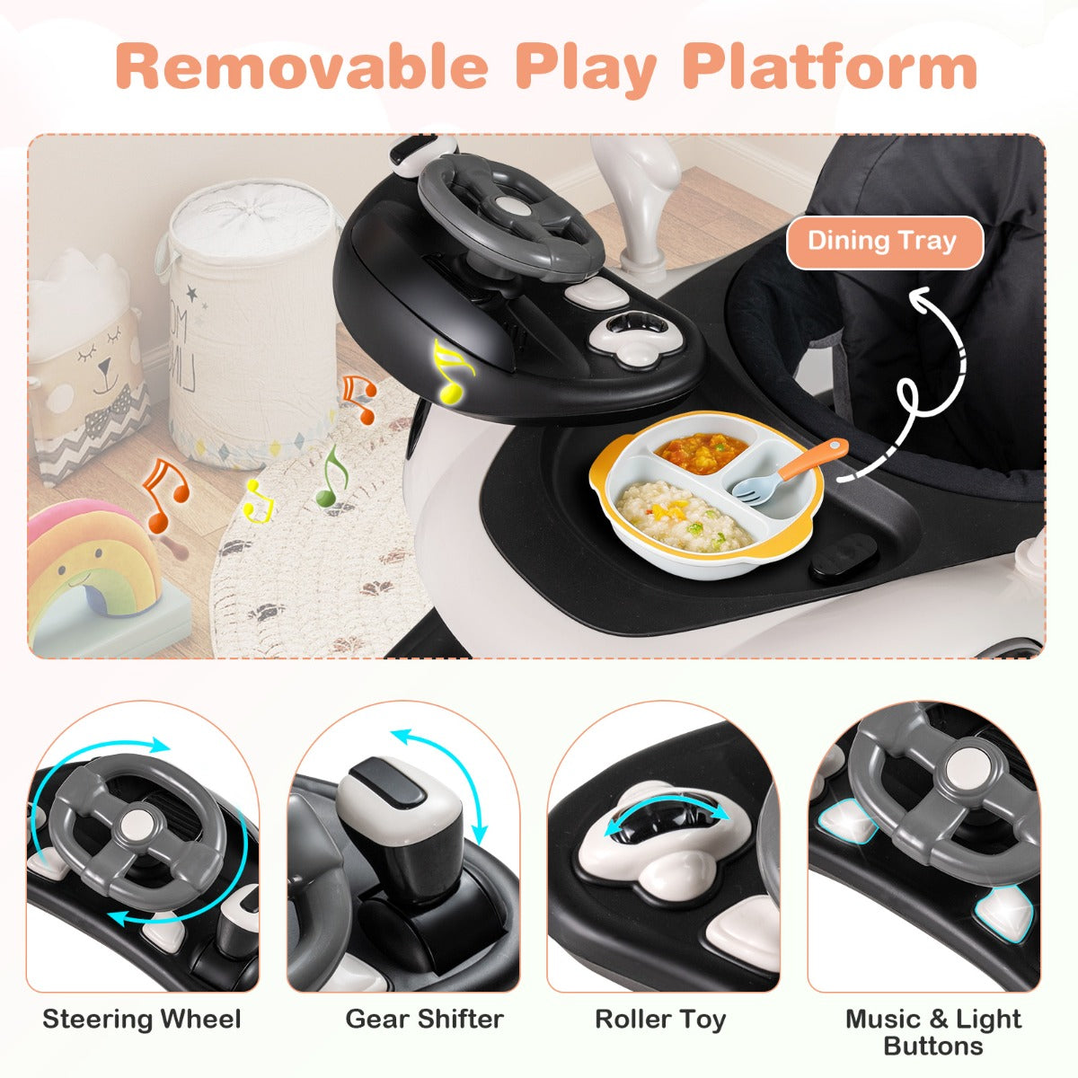 LIVSK Multifunctionele Babywalker - 7-in-1 Ontwerp - Verstelbare Hoogte - Interactief Speelplatform - Zwart en Rood