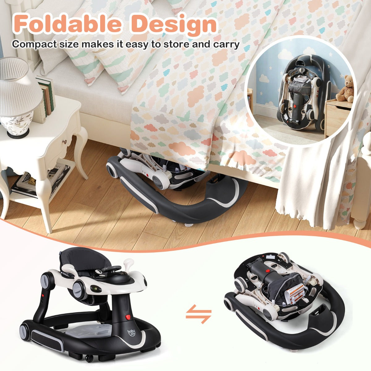 LIVSK Multifunctionele Babywalker - 7-in-1 Ontwerp - Verstelbare Hoogte - Interactief Speelplatform - Zwart en Rood