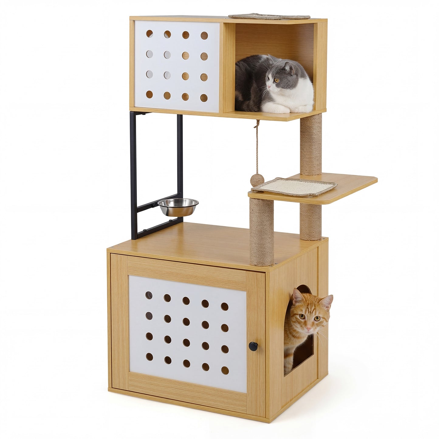LIVSK Multifunctionele Kattenkast - Verborgen Kattenbak - Krabmatten & Sisalstammen - Stabiele Houten Constructie - Naturel