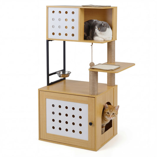 LIVSK Multifunctionele Kattenkast - Verborgen Kattenbak - Krabmatten & Sisalstammen - Stabiele Houten Constructie - Naturel
