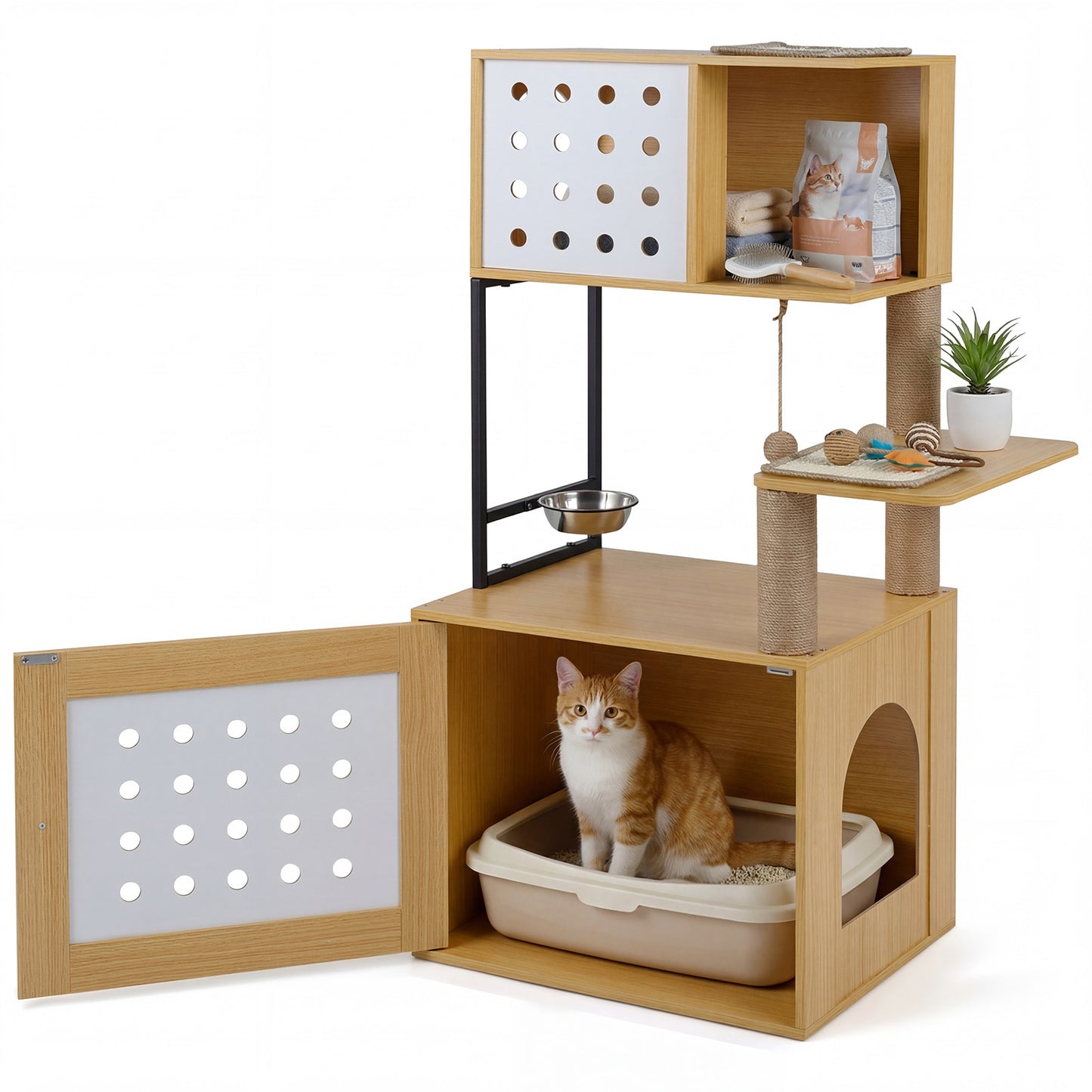LIVSK Multifunctionele Kattenkast - Verborgen Kattenbak - Krabmatten & Sisalstammen - Stabiele Houten Constructie - Naturel