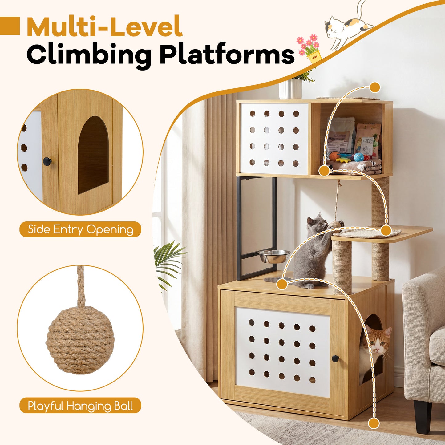 LIVSK Multifunctionele Kattenkast - Verborgen Kattenbak - Krabmatten & Sisalstammen - Stabiele Houten Constructie - Naturel