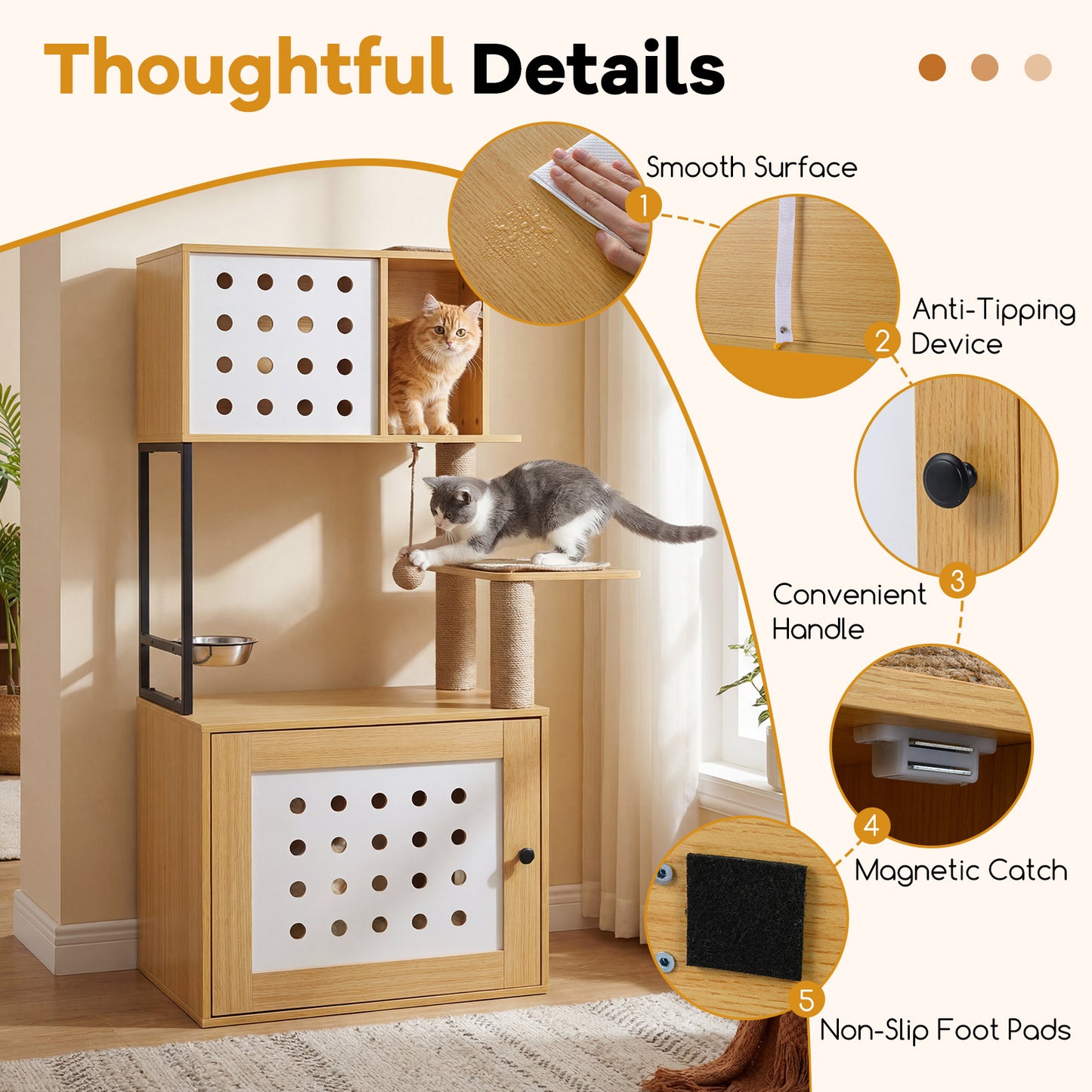 LIVSK Multifunctionele Kattenkast - Verborgen Kattenbak - Krabmatten & Sisalstammen - Stabiele Houten Constructie - Naturel