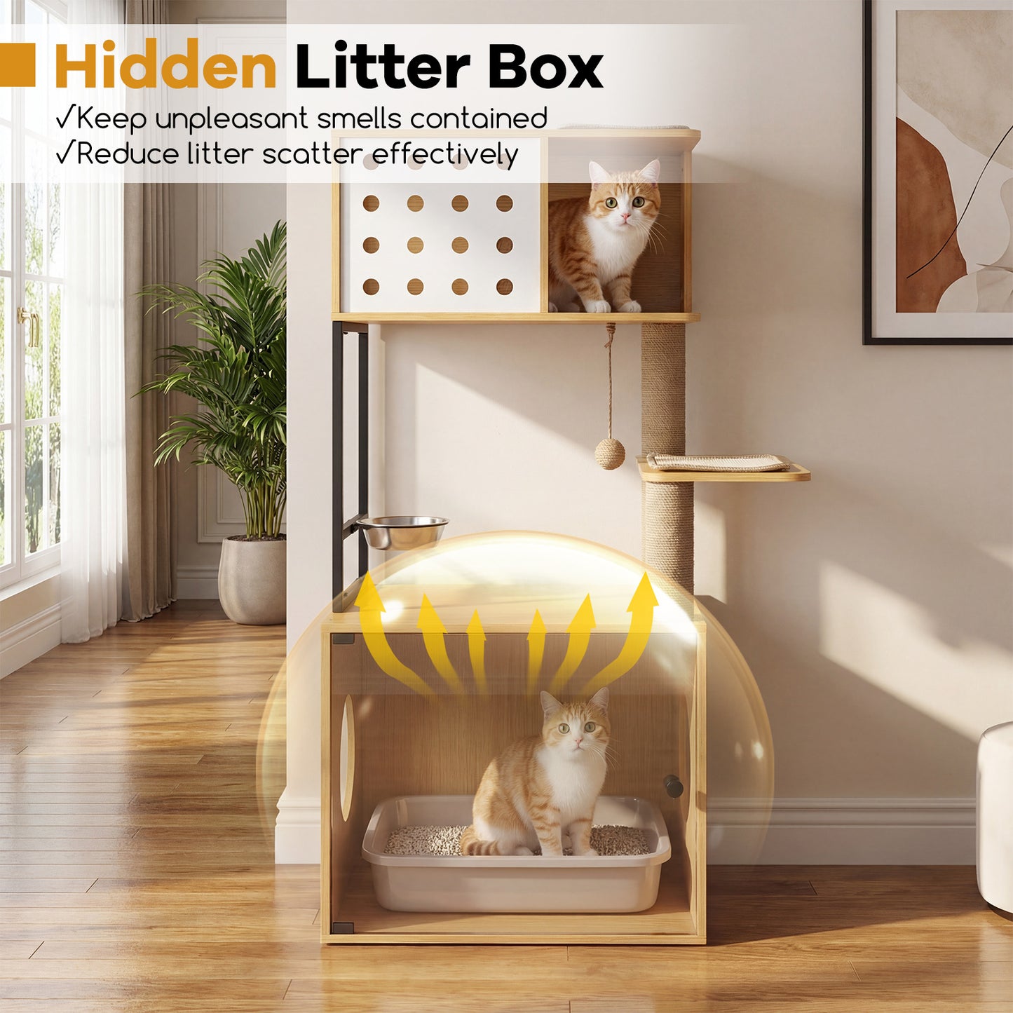 LIVSK Multifunctionele Kattenkast - Verborgen Kattenbak - Krabmatten & Sisalstammen - Stabiele Houten Constructie - Naturel