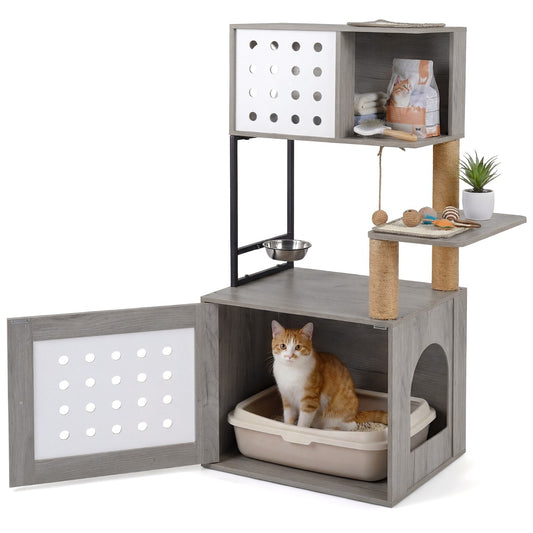 LIVSK Multifunctionele Kattenkast - Verborgen Kattenbak - Krabmatten & Sisalstammen - Veilig Houten Ontwerp - Grijs