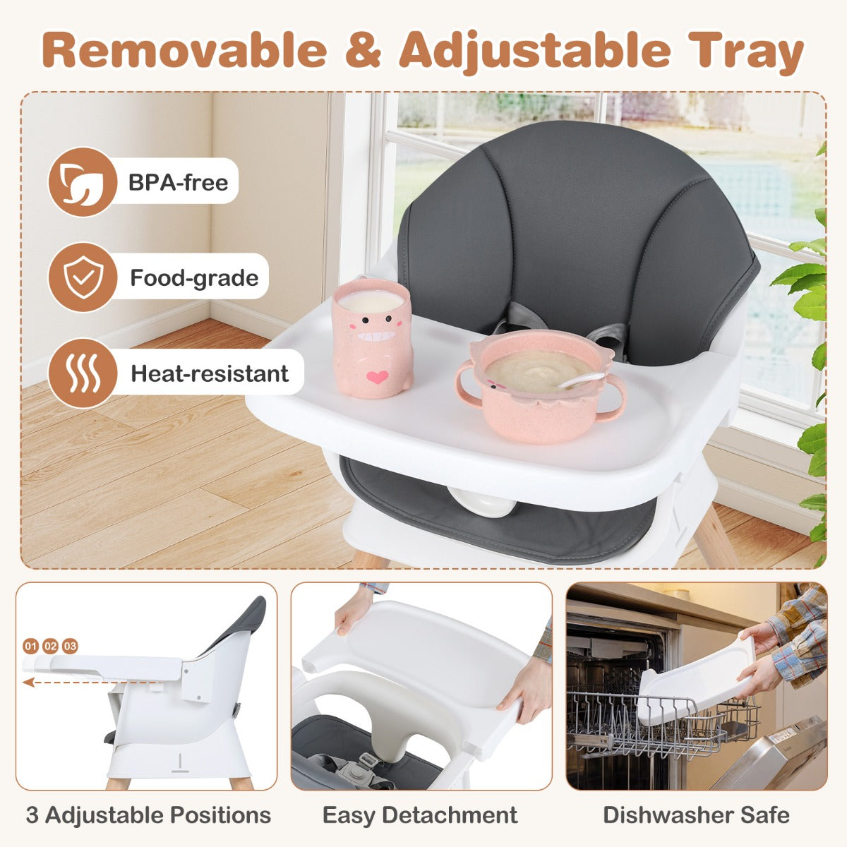 LIVSK Multifunctionele Kinderstoel - Verstelbaar en Veilig - Afneembaar Kussen - Eenvoudige Montage - Grijs
