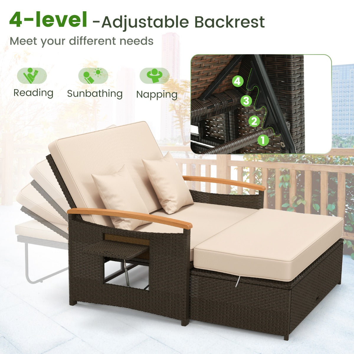 LIVSK Multifunctionele Set Buitenmeubilair - Loveseat, Dagbed, Koffietafel - Verstelbare Rugleuning - PE Rotan - Gemengd Bruin